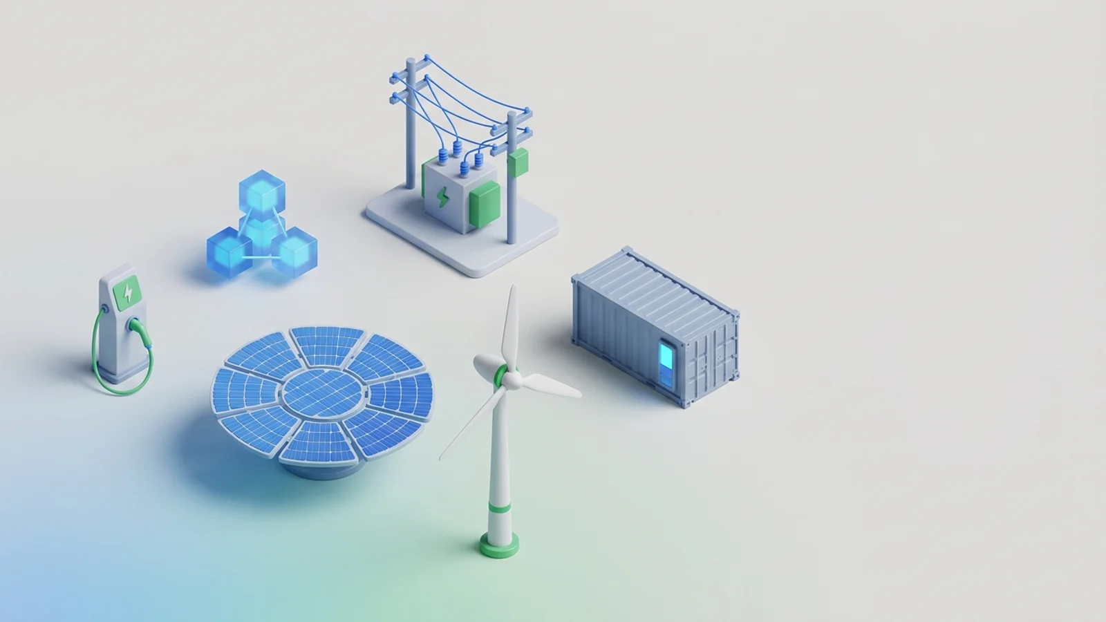 Isometric 3D illustration of solar array and wind turbine with battery container and substation