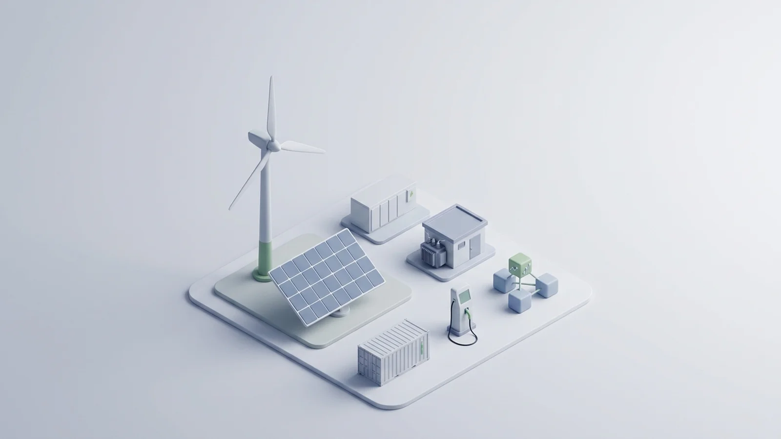 Isometric 3D illustration of solar array and wind turbine with battery container and substation