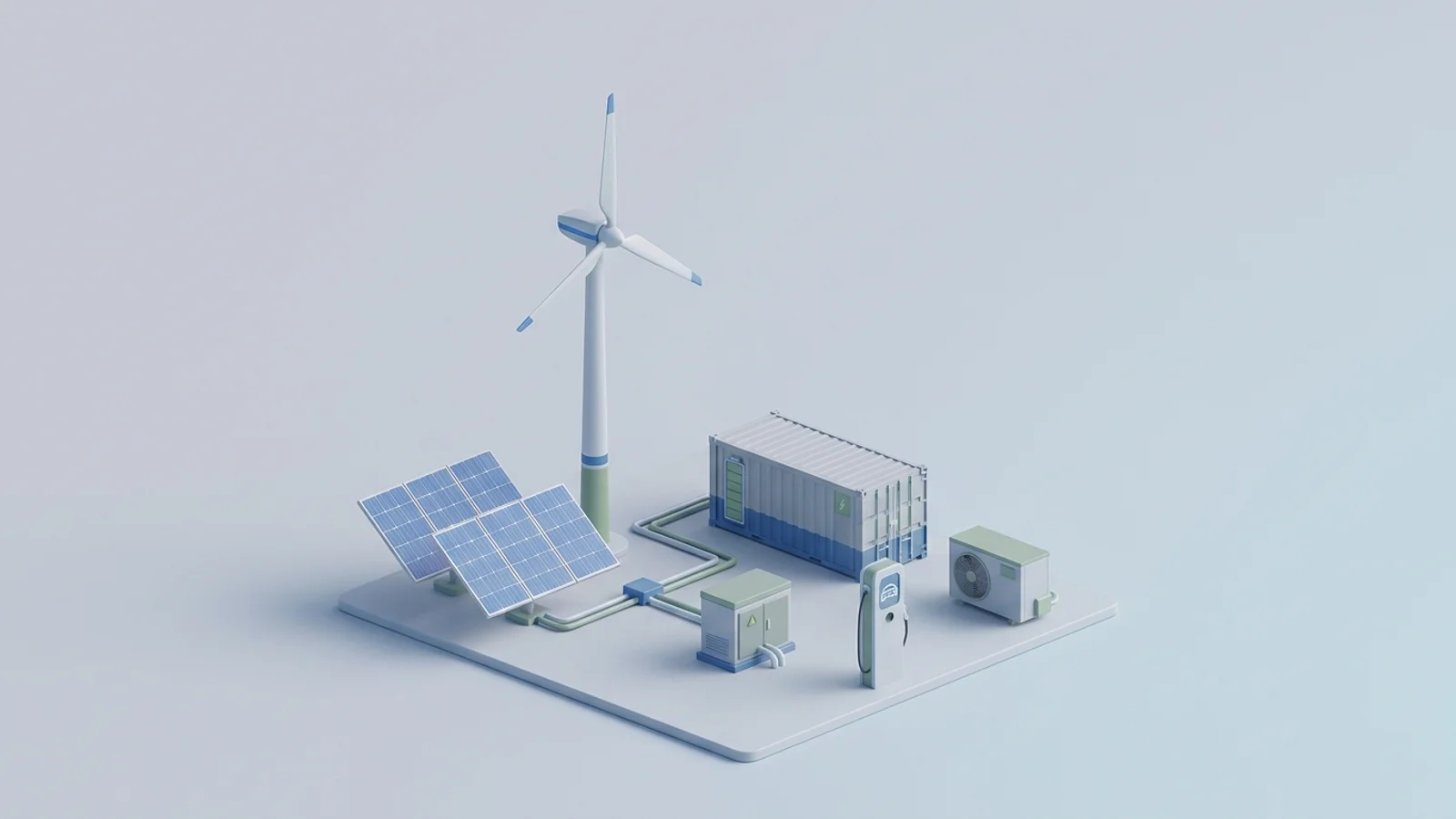 Isometric 3D illustration of solar array and wind turbine with battery container and substation