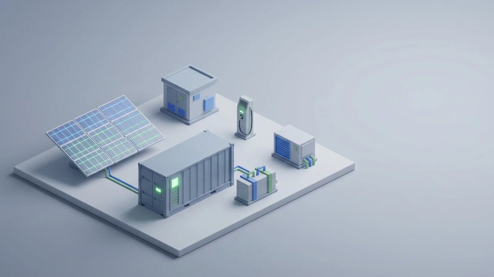 Isometric 3D illustration of solar array and battery container with substation and EV charger station