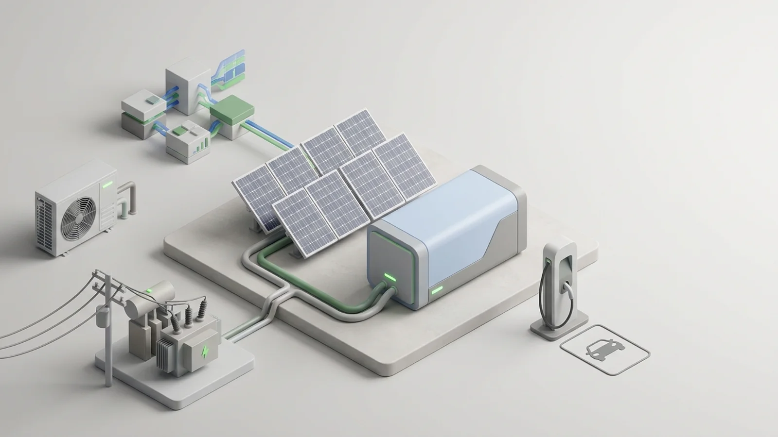 Isometric 3D illustration of solar array and battery container with substation and EV charger station