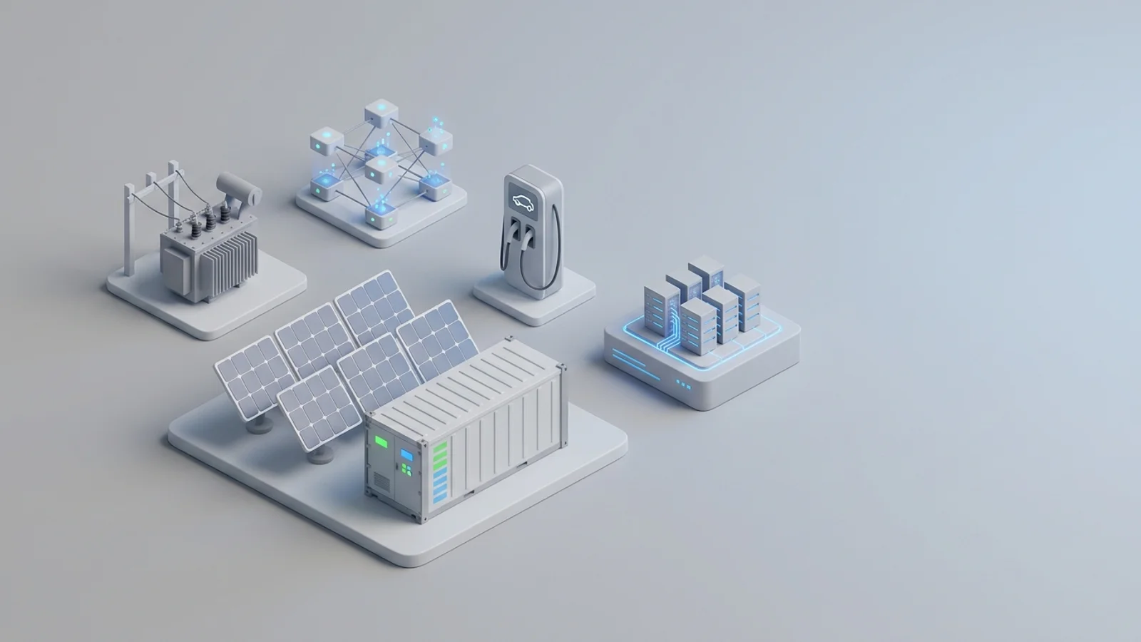 Isometric 3D illustration of solar array and battery container with substation and EV charger station