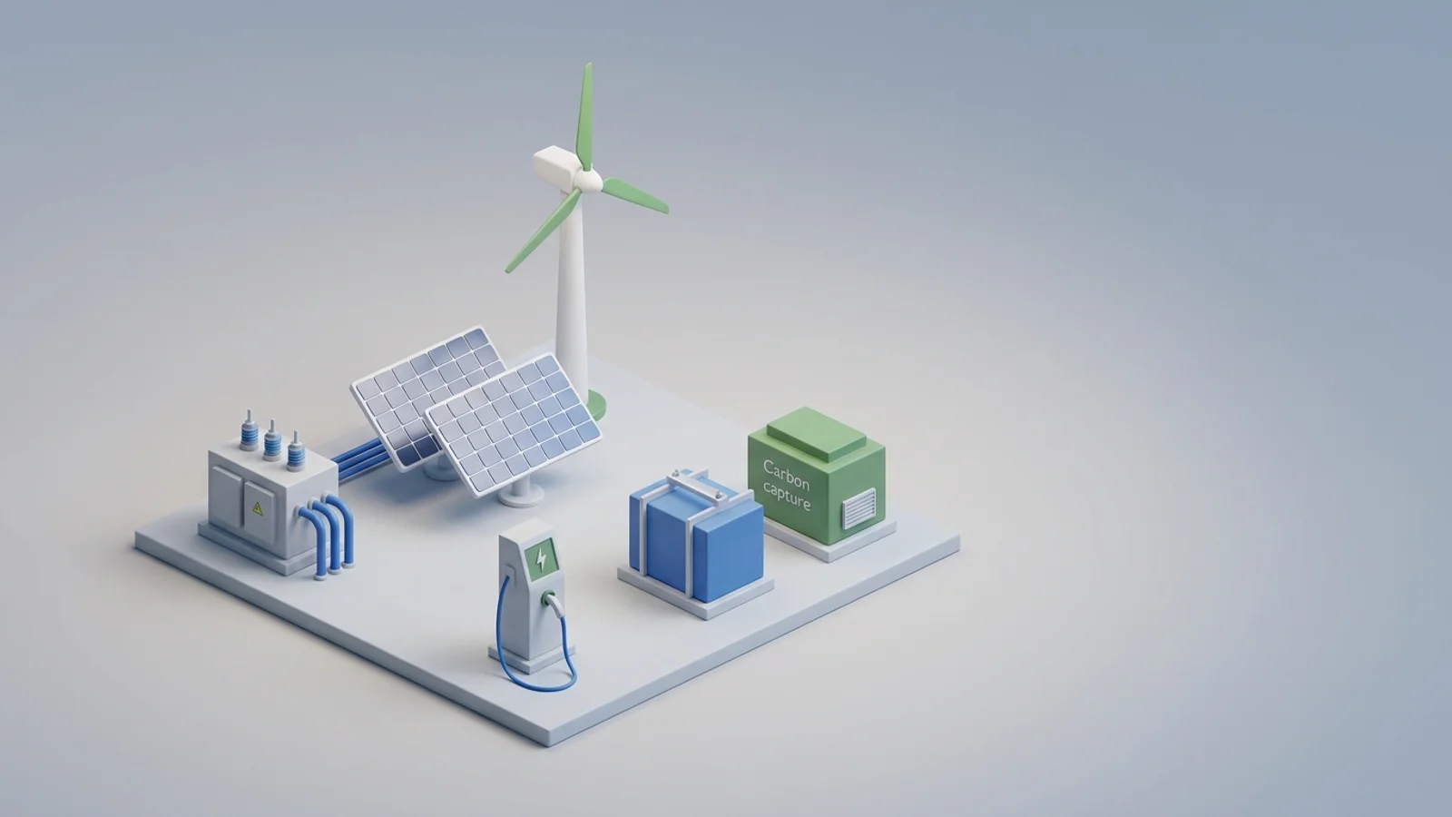 Isometric 3D illustration of solar array and wind turbine with substation and EV charger station