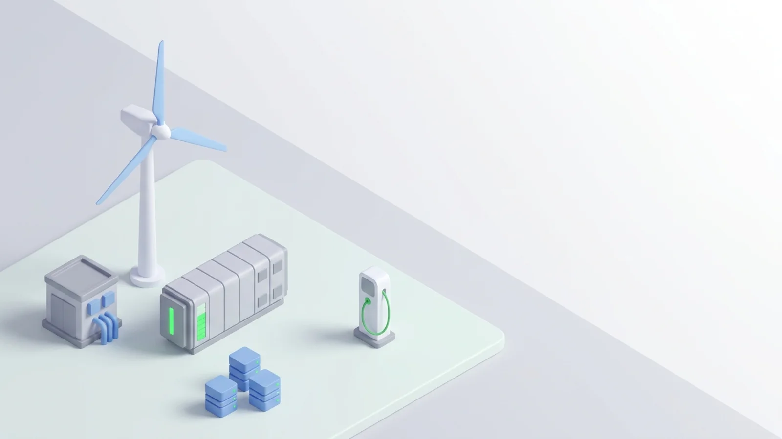 Isometric 3D illustration of wind turbine and battery container with substation and EV charger station