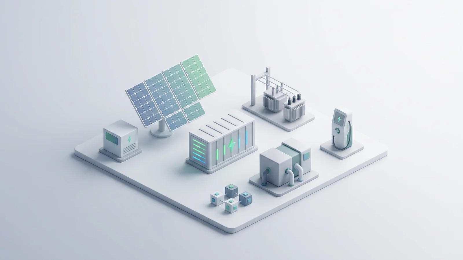 Isometric 3D illustration of solar array and battery container with substation and EV charger station