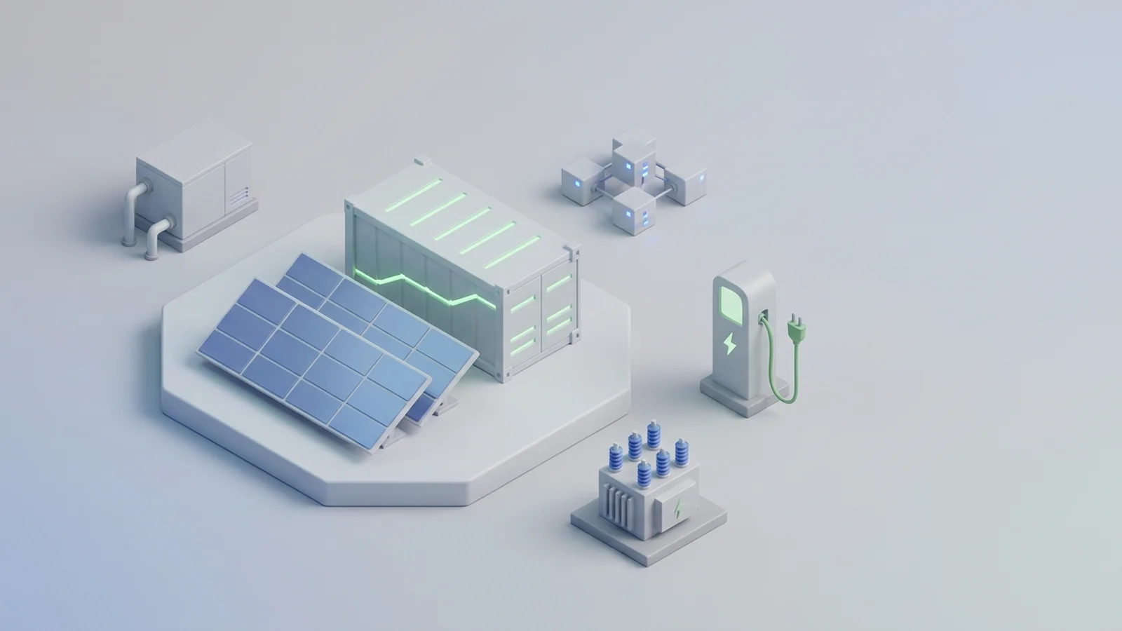Isometric 3D illustration of solar array and battery container with substation and EV charger station