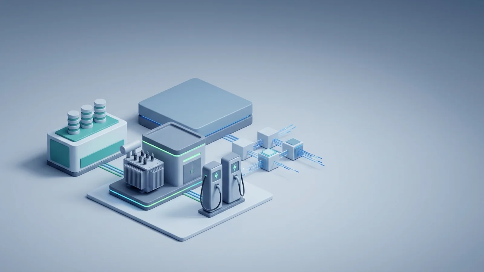 Isometric 3D illustration of substation and EV charger station with electrolyzer block and analytics node cluster