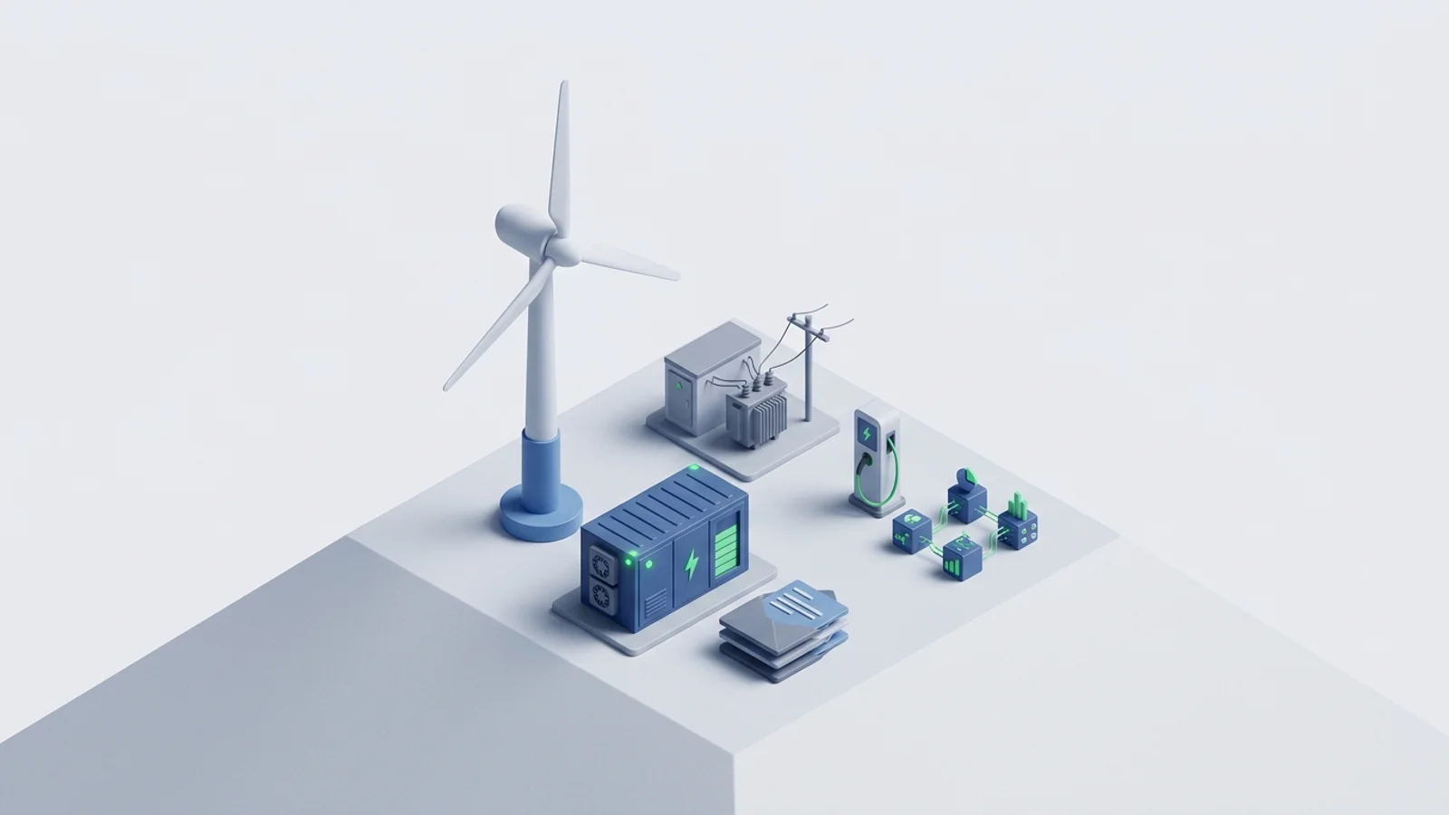 Isometric 3D illustration of wind turbine and battery container with substation and EV charger station
