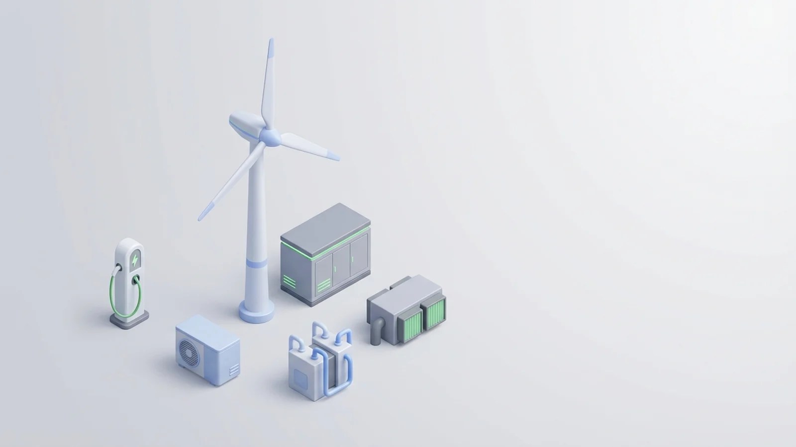 Isometric 3D illustration of wind turbine and substation with EV charger station and heat pump unit