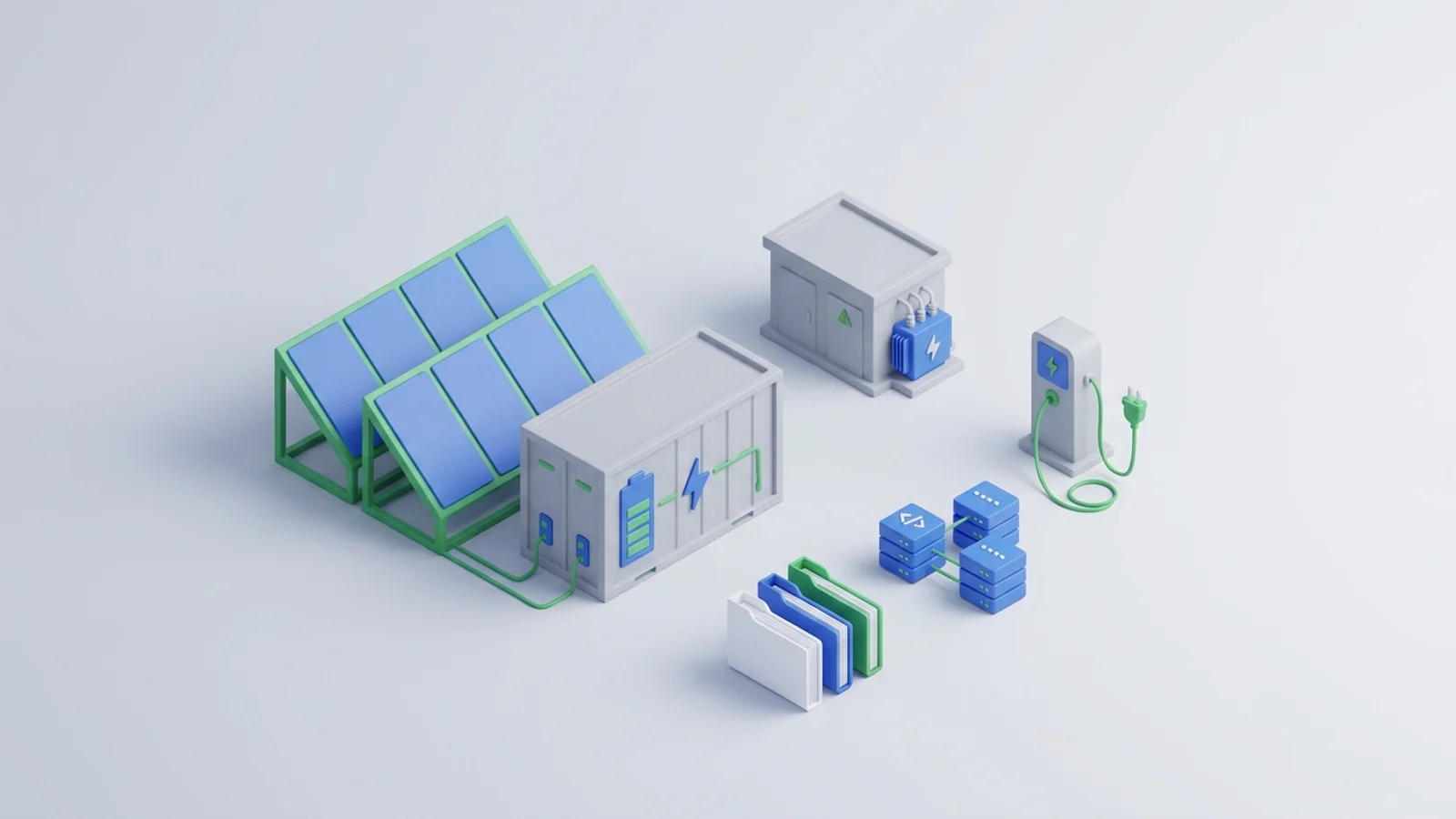 Isometric 3D illustration of solar array and battery container with substation and EV charger station