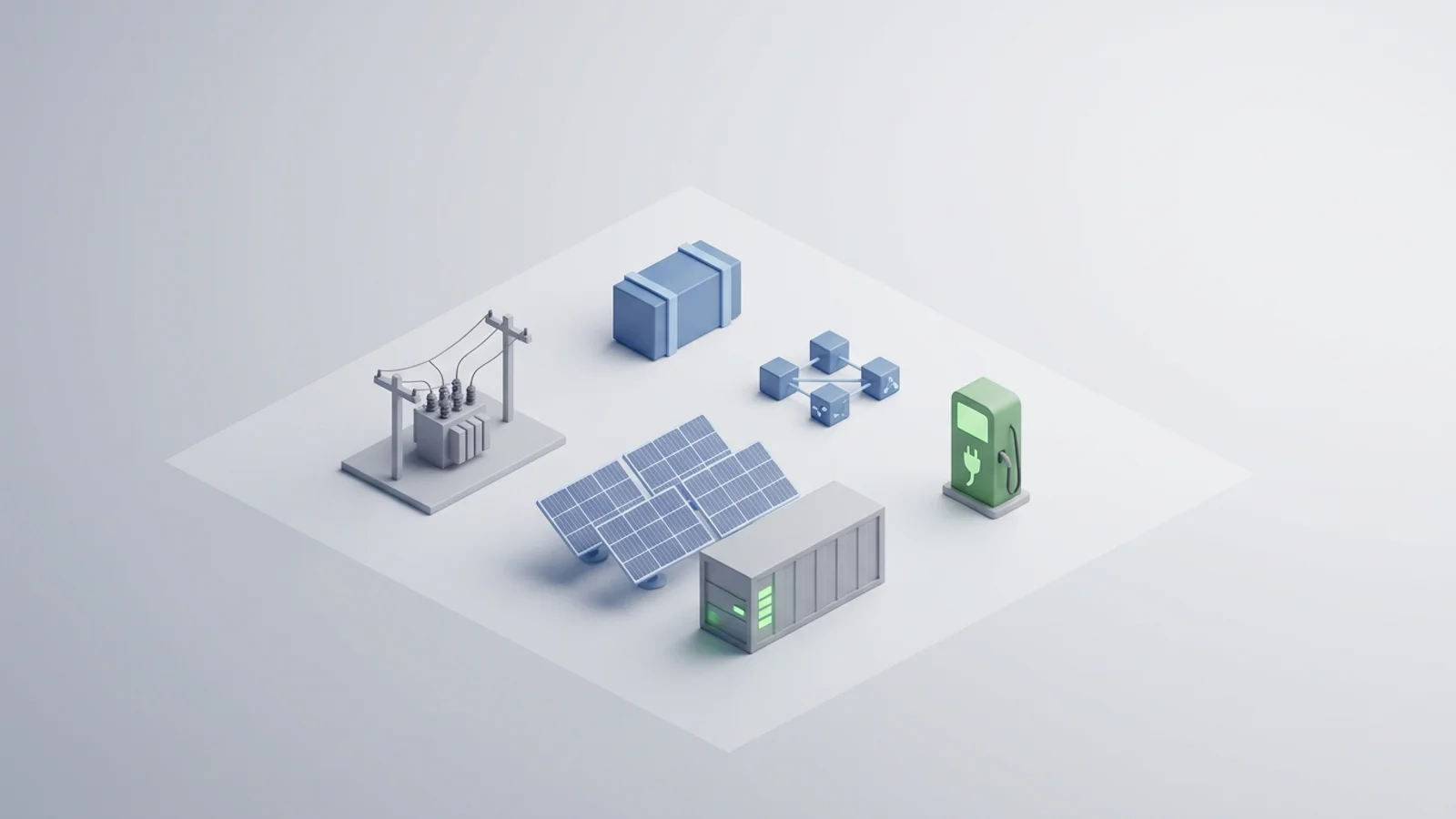 Isometric 3D illustration of solar array and battery container with substation and EV charger station