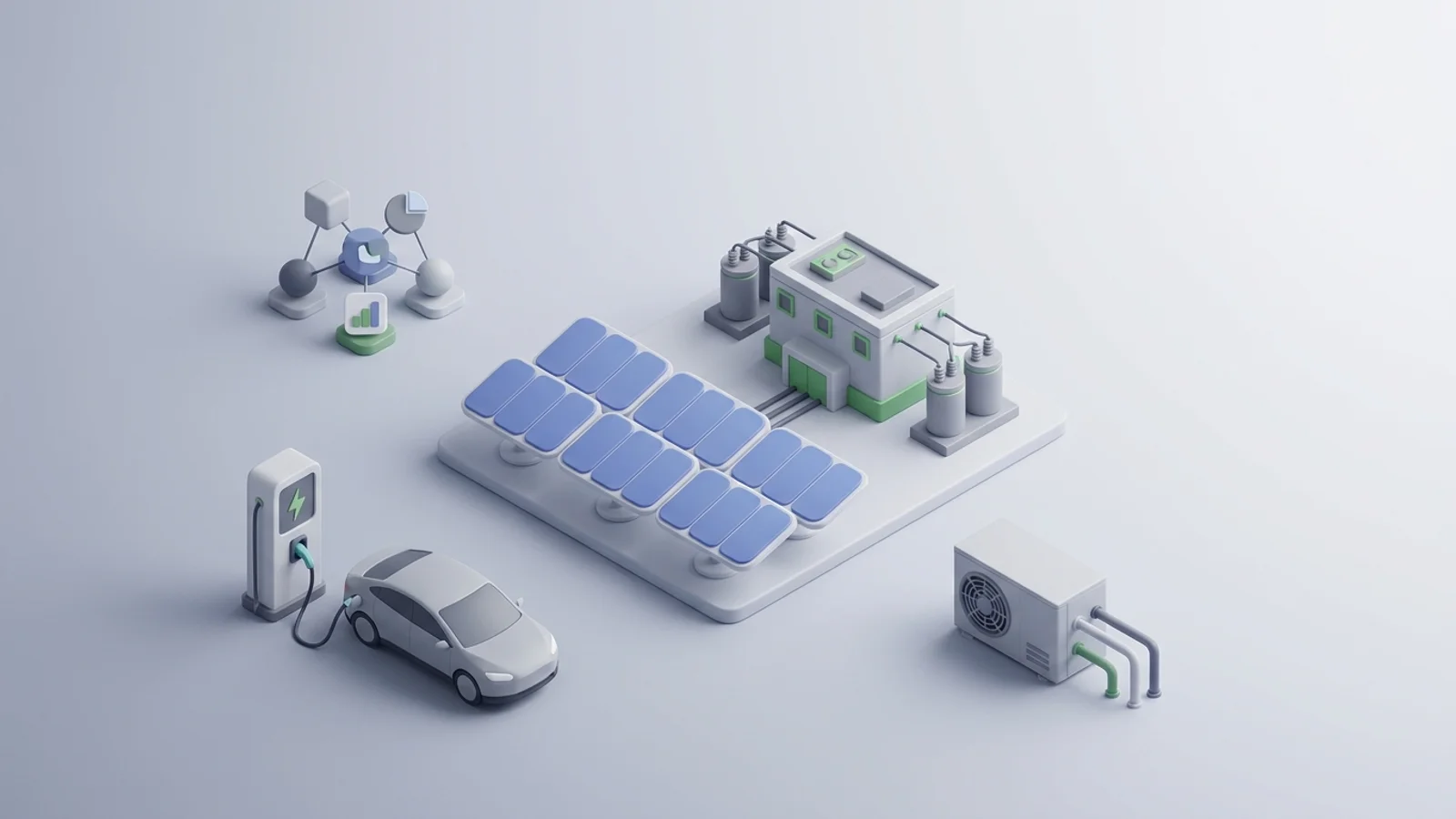 Isometric 3D illustration of solar array and substation with EV charger station and heat pump unit