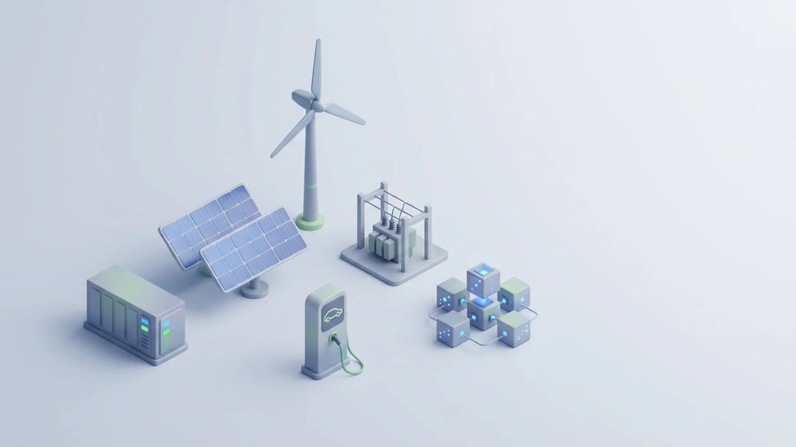 Isometric 3D illustration of solar array and wind turbine with battery container and substation