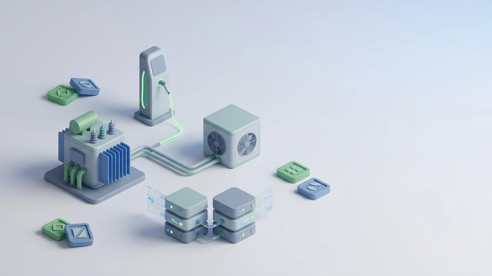 Isometric 3D illustration of substation and EV charger station with heat pump unit and analytics node cluster