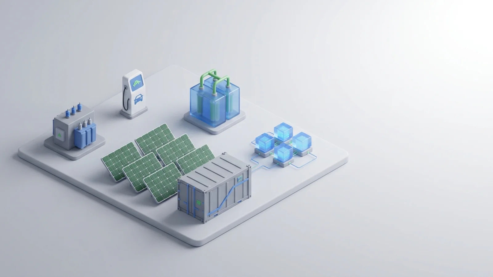 Isometric 3D illustration of solar array and battery container with substation and EV charger station