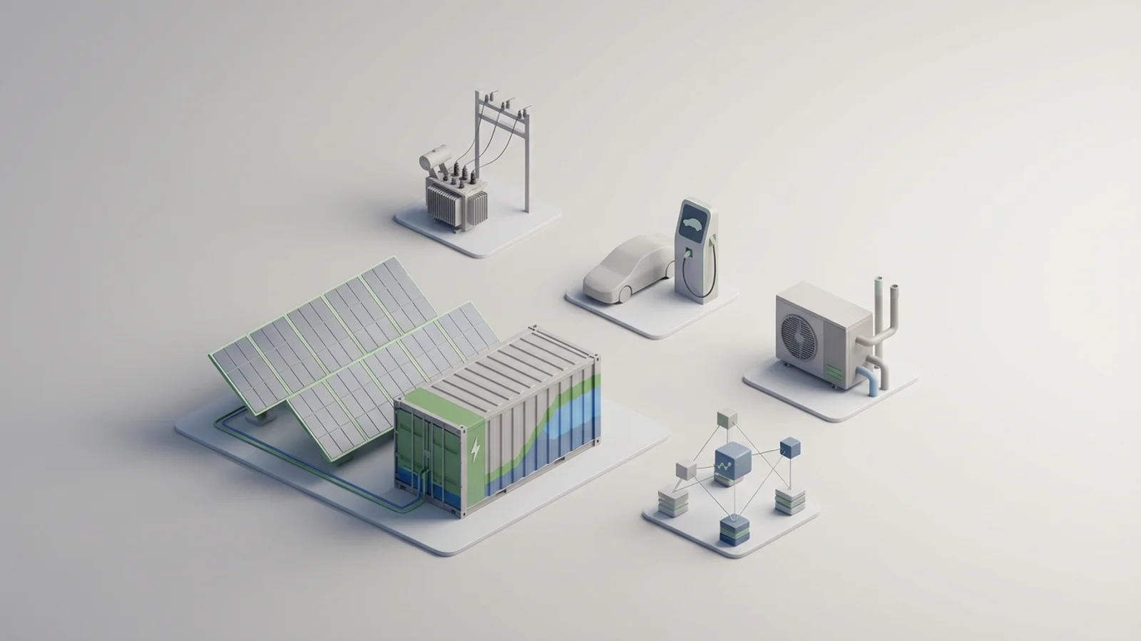 Isometric 3D illustration of solar array and battery container with substation and EV charger station