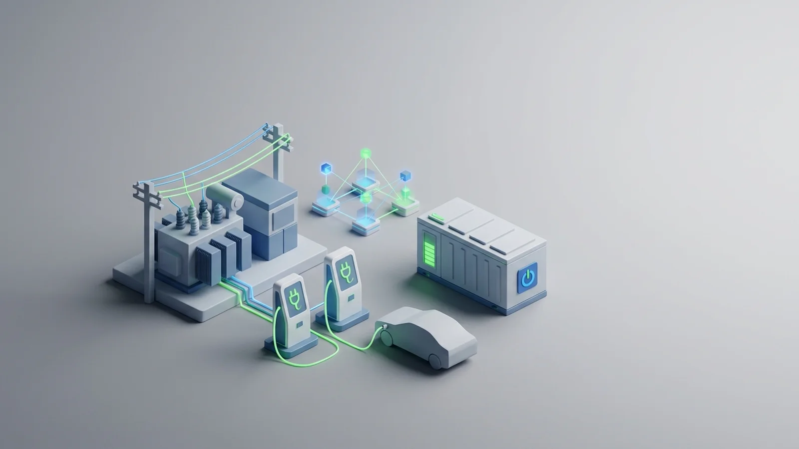 Isometric 3D illustration of substation and EV charger station with analytics node cluster and battery container