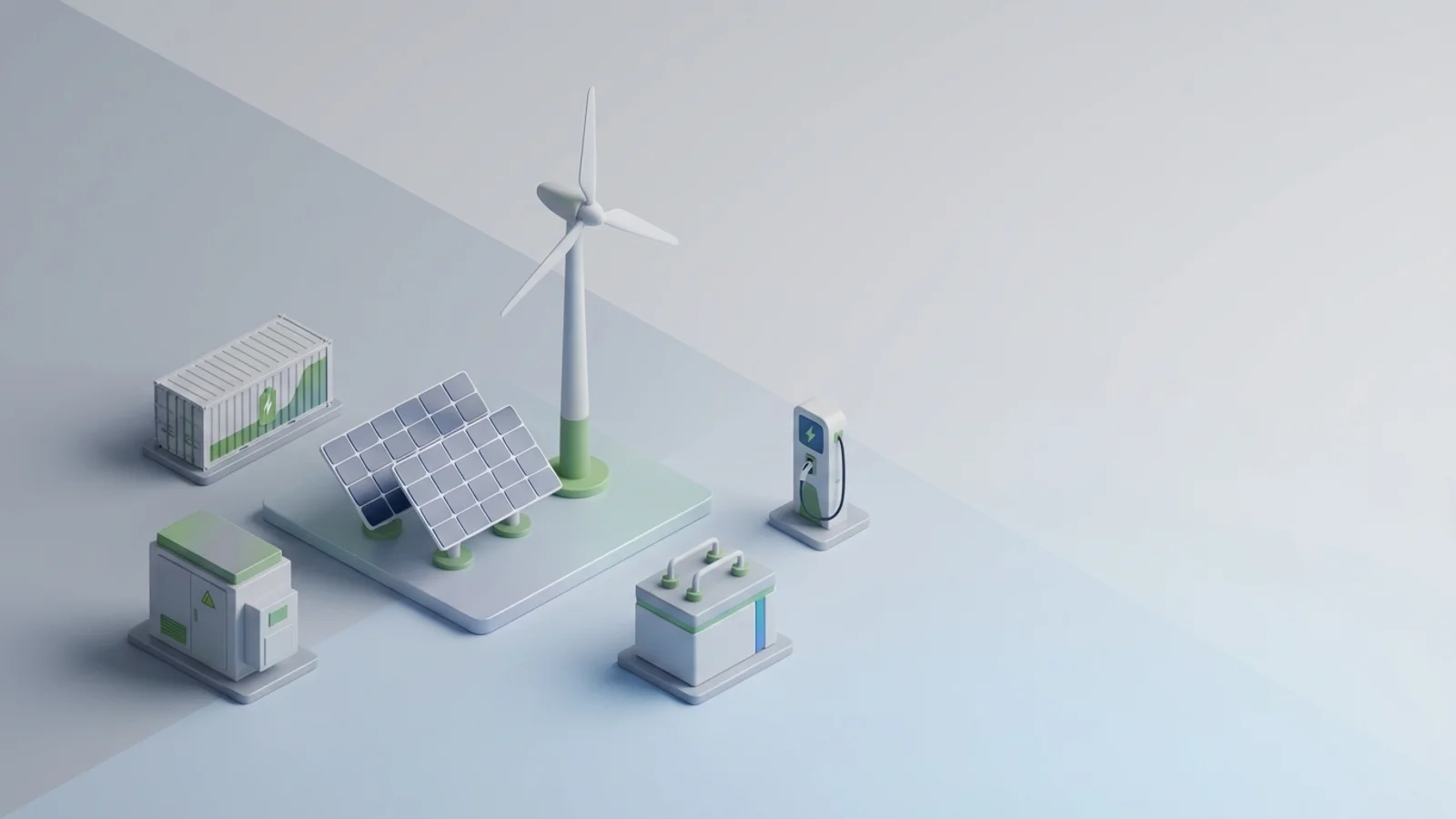 Isometric 3D illustration of solar array and wind turbine with battery container and substation