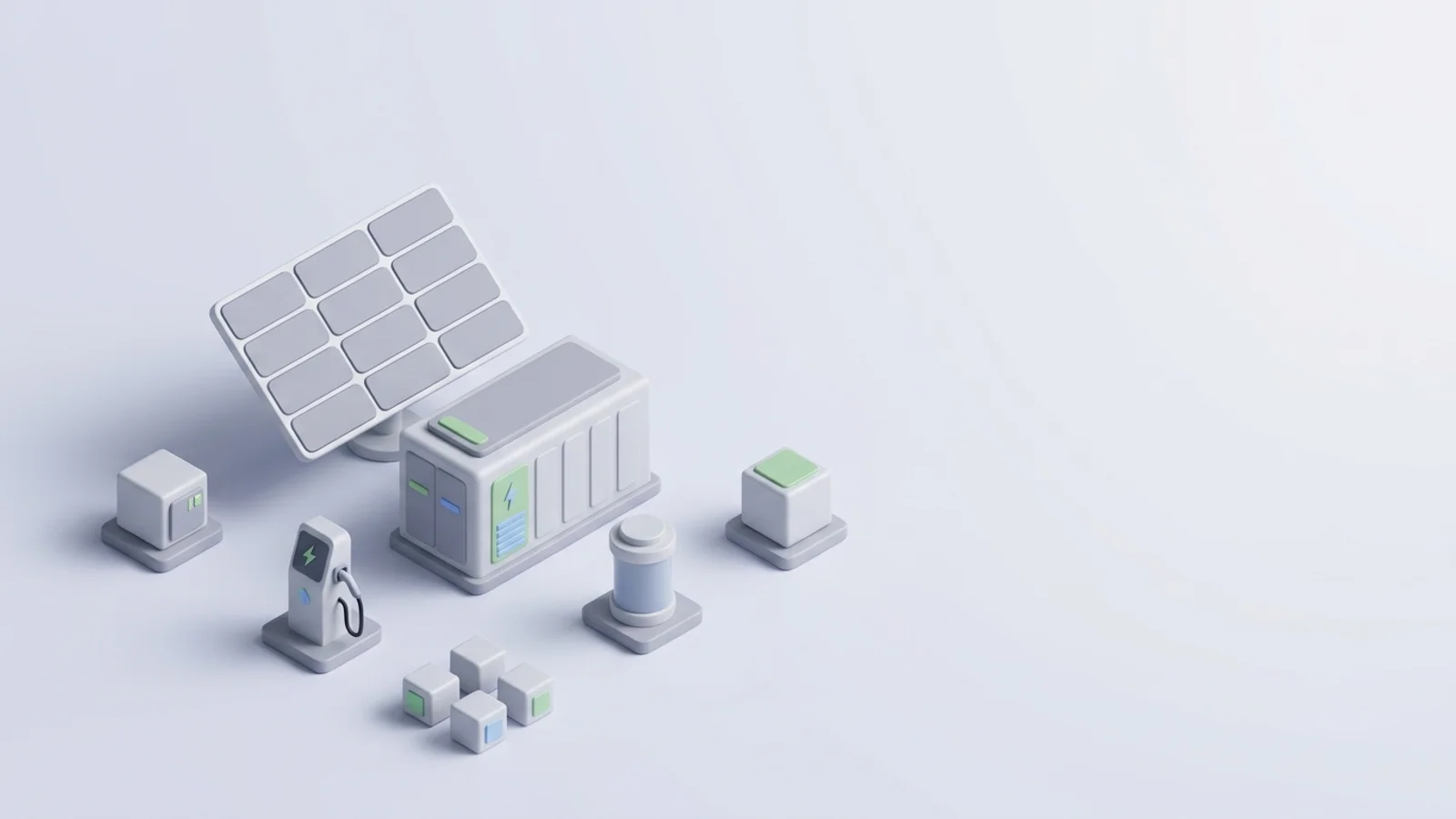 Isometric 3D illustration of solar array and battery container with substation and EV charger station