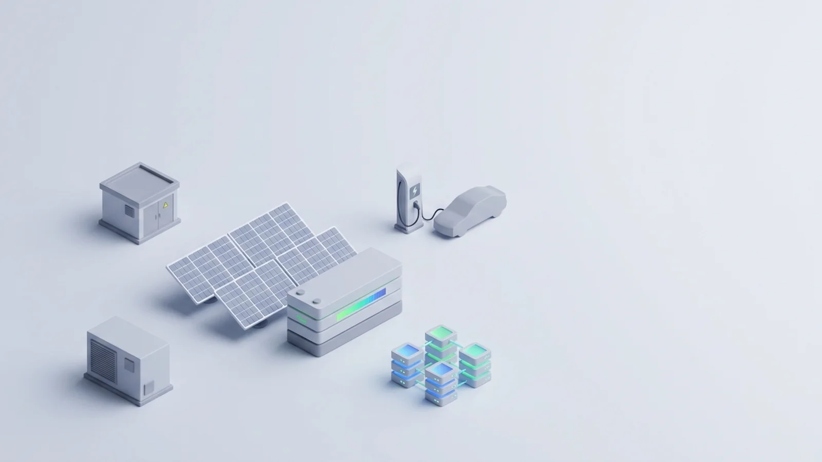 Isometric 3D illustration of solar array and battery container with substation and EV charger station