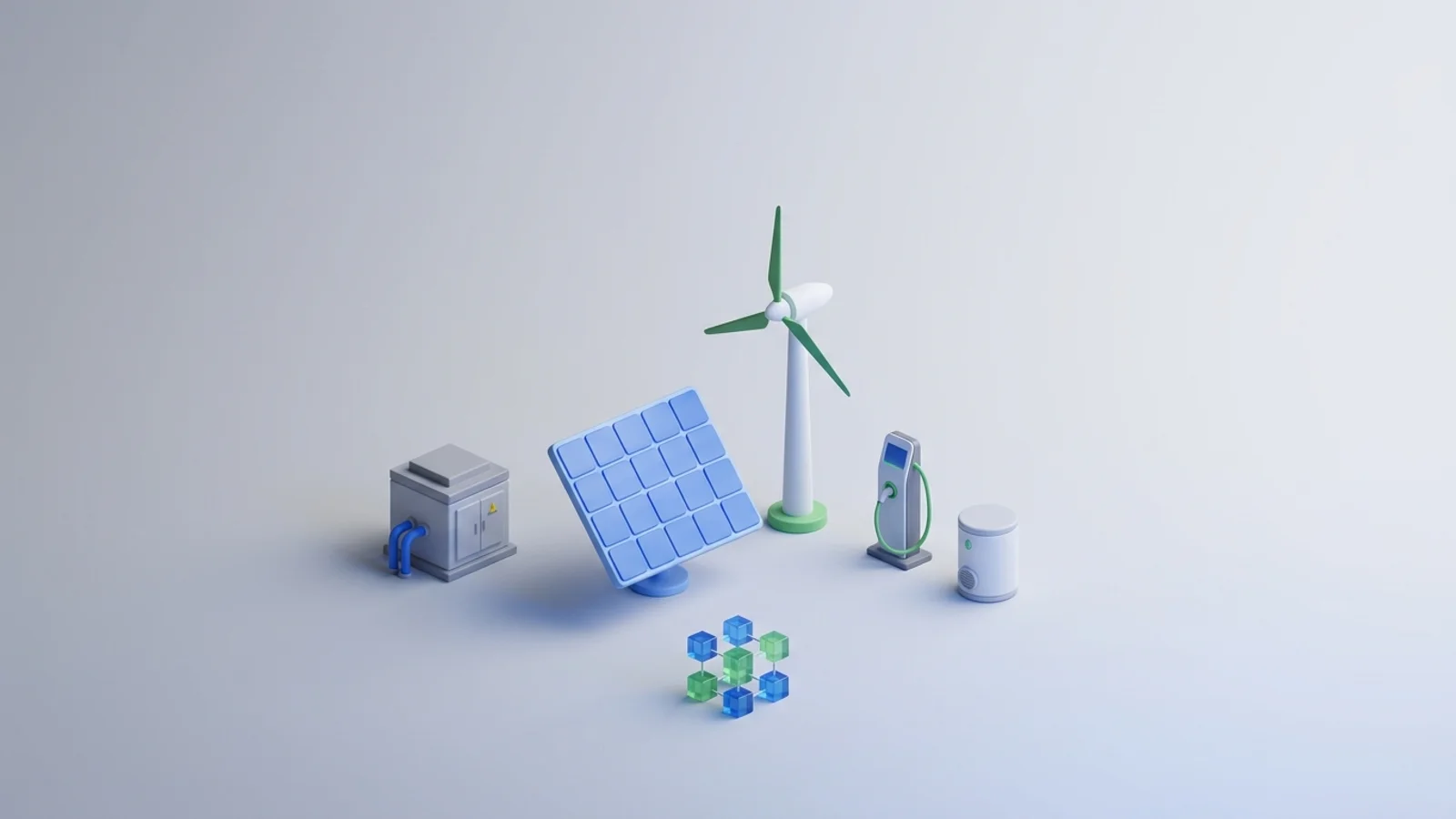 Isometric 3D illustration of solar array and wind turbine with substation and EV charger station