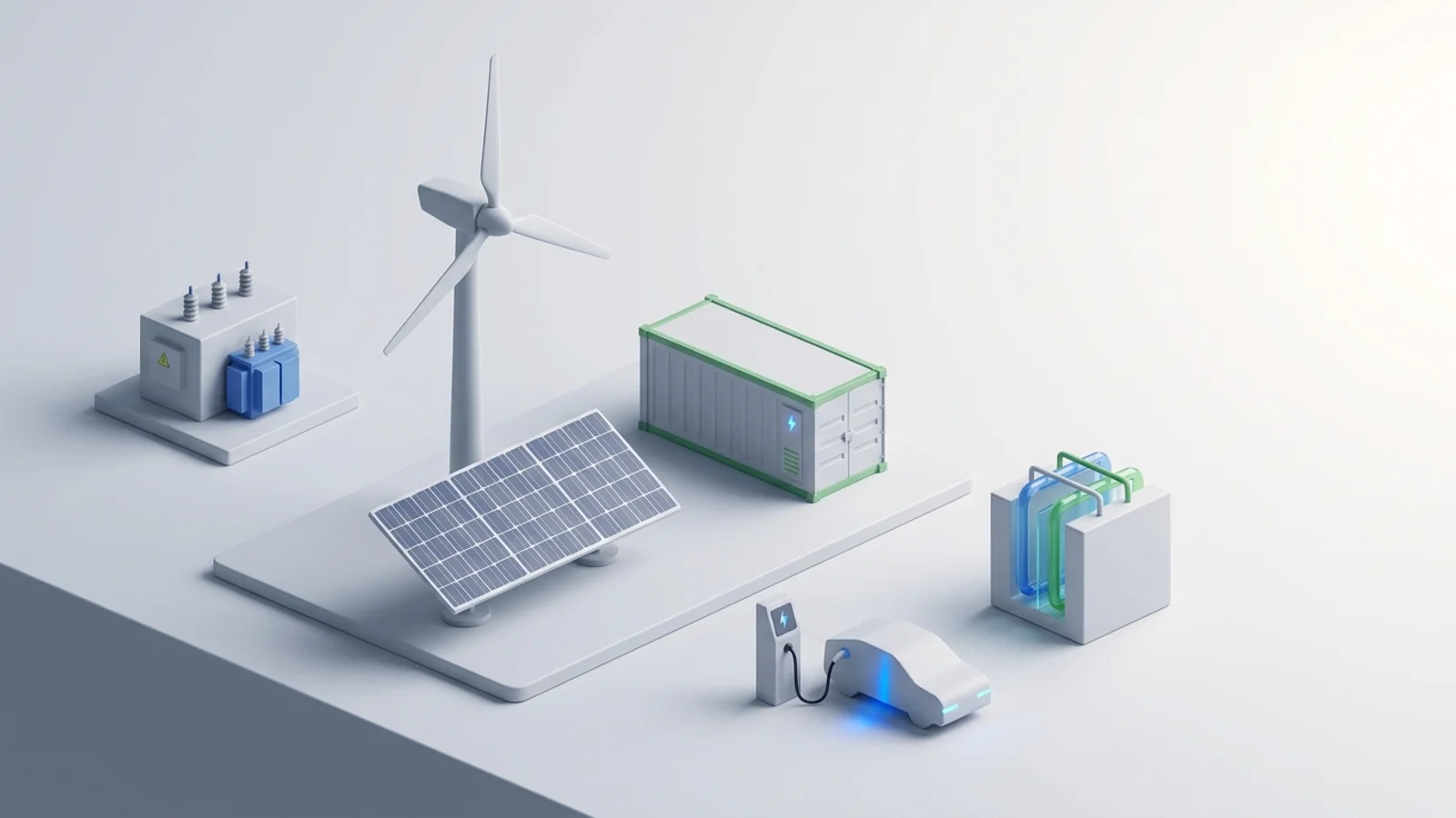 Isometric 3D illustration of solar array and wind turbine with battery container and substation
