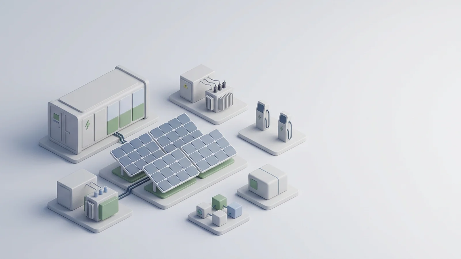 Isometric 3D illustration of solar array and battery container with substation and EV charger station