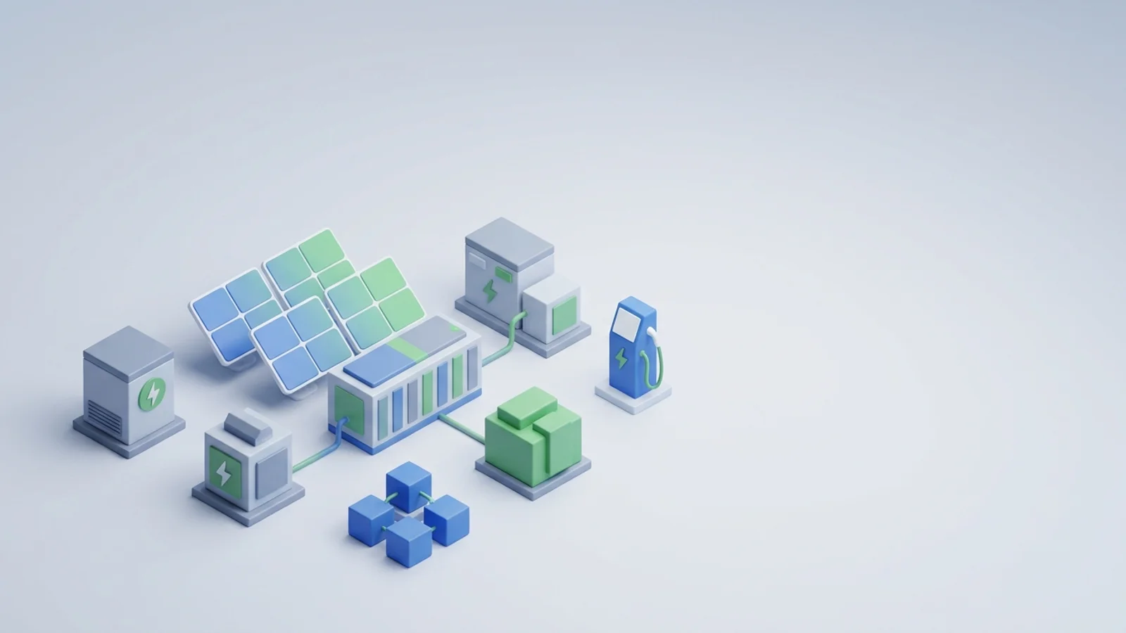 Isometric 3D illustration of solar array and battery container with substation and EV charger station