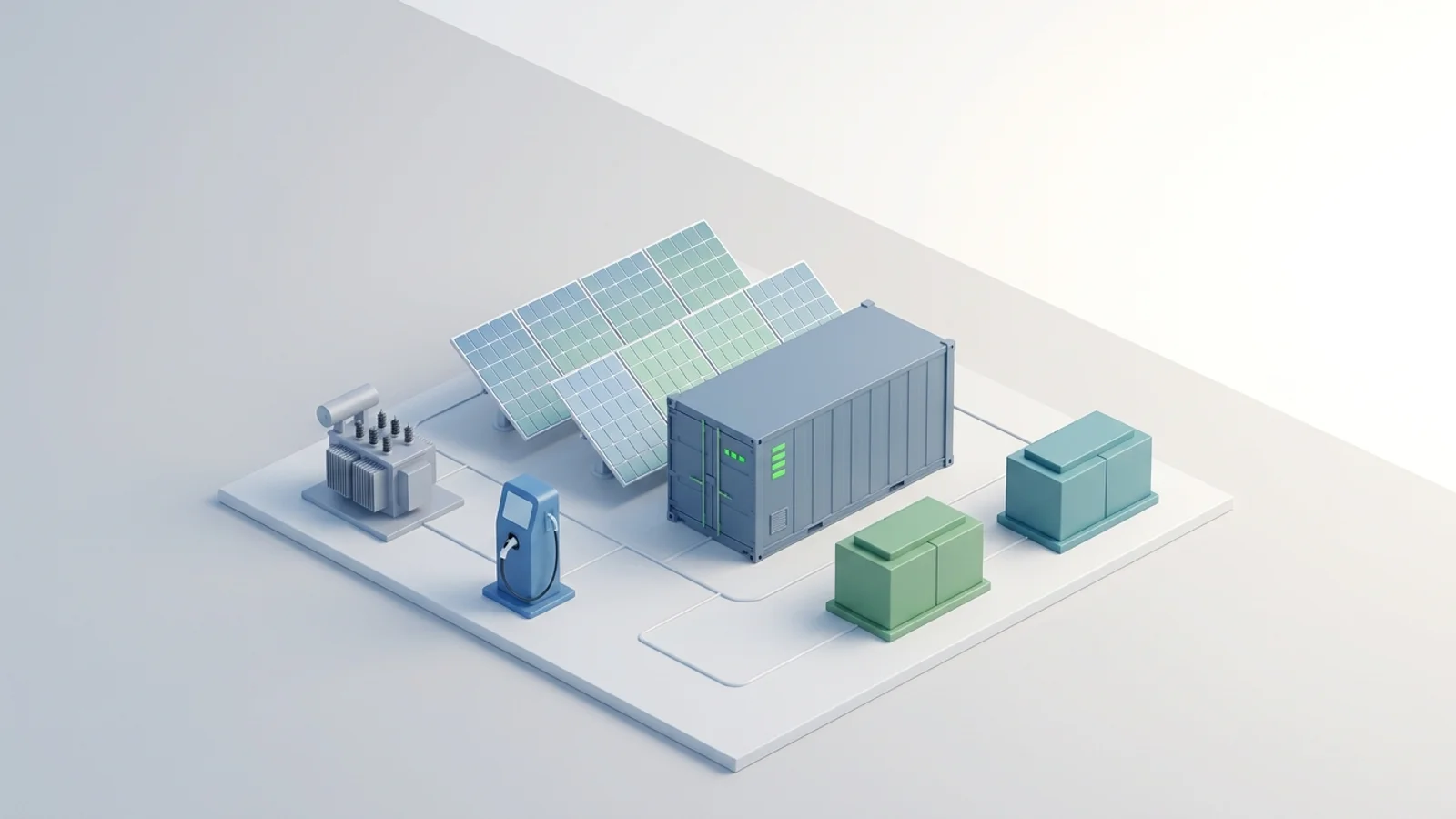 Isometric 3D illustration of solar array and battery container with substation and EV charger station