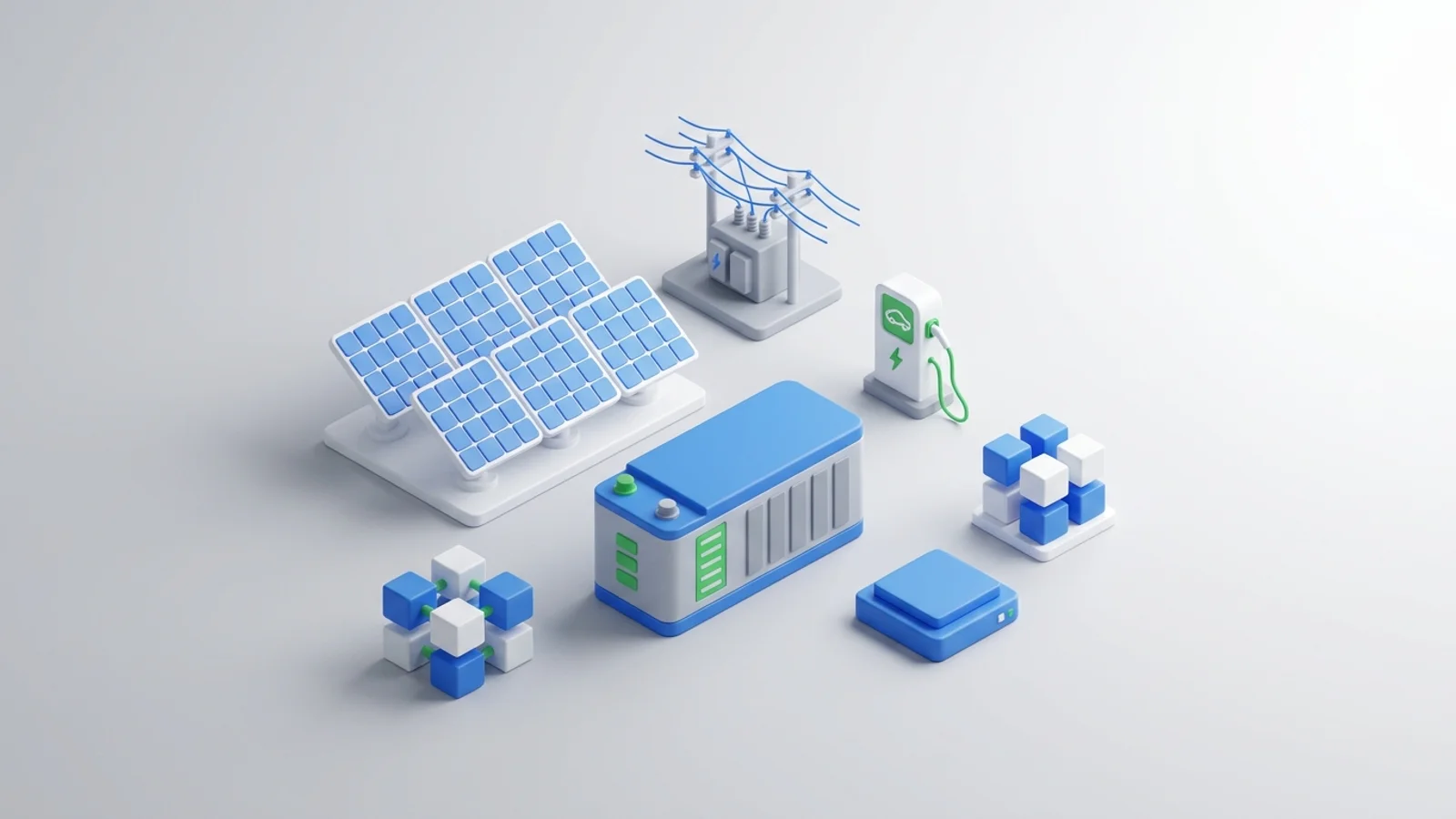 Isometric 3D illustration of solar array and battery container with substation and EV charger station