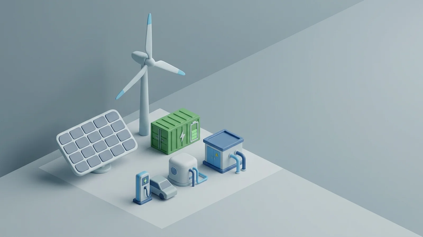 Isometric 3D illustration of solar array and wind turbine with battery container and substation