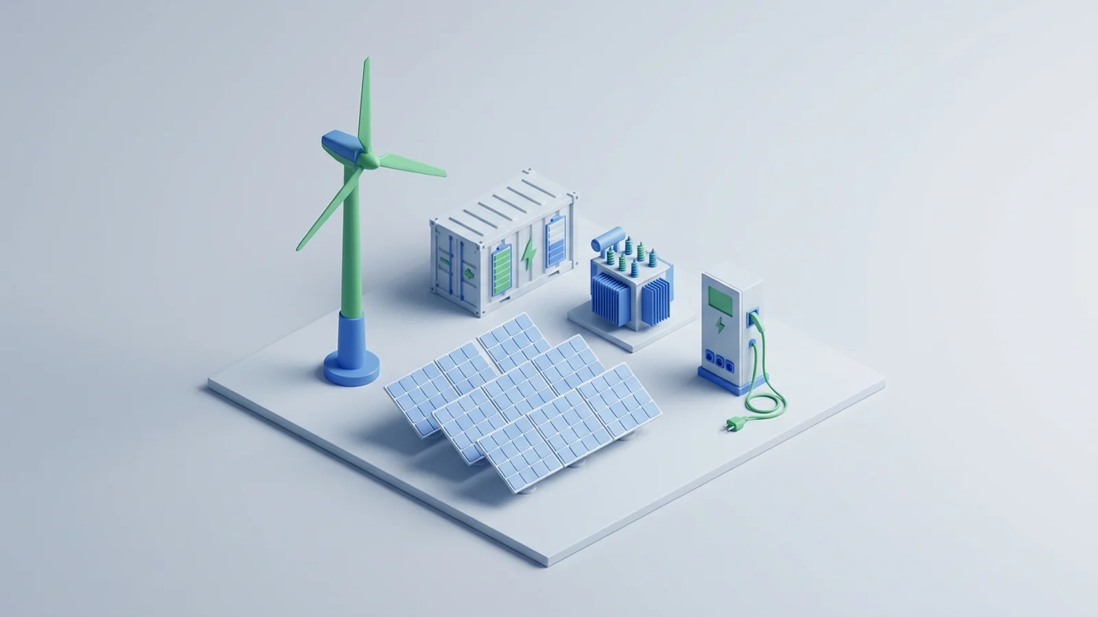 Isometric 3D illustration of solar array and wind turbine with battery container and substation