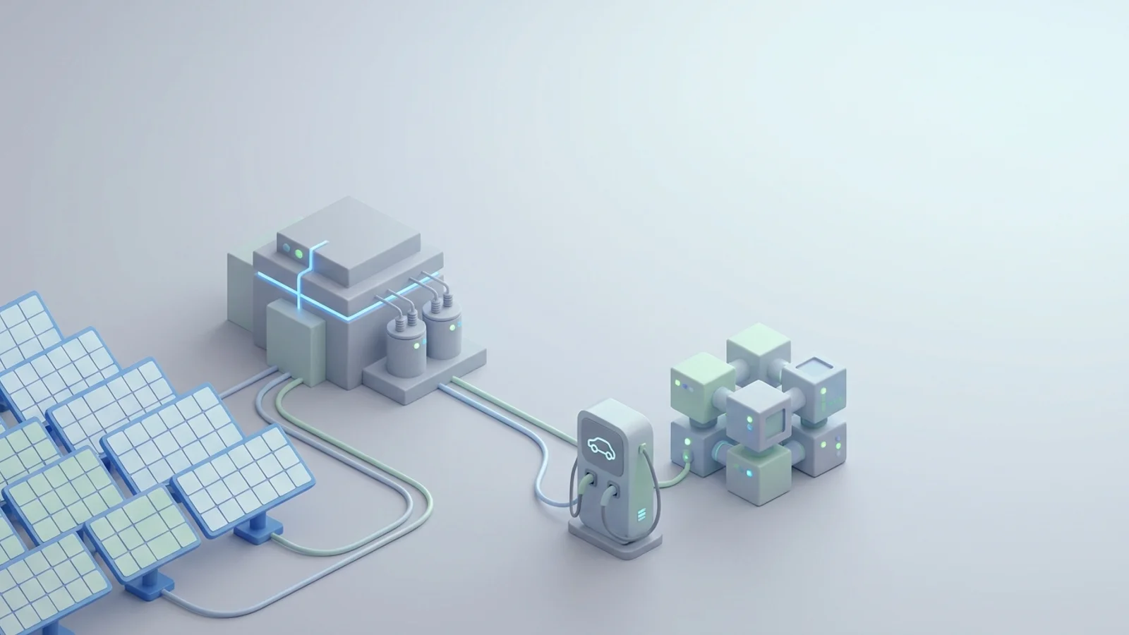 Isometric 3D illustration of solar array and substation with EV charger station and analytics node cluster