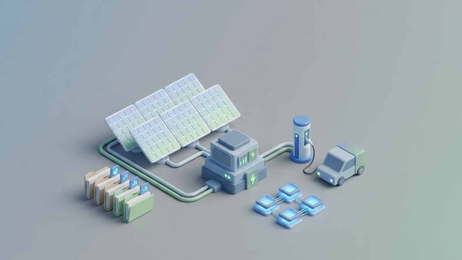 Isometric 3D illustration of solar array and substation with EV charger station and analytics node cluster