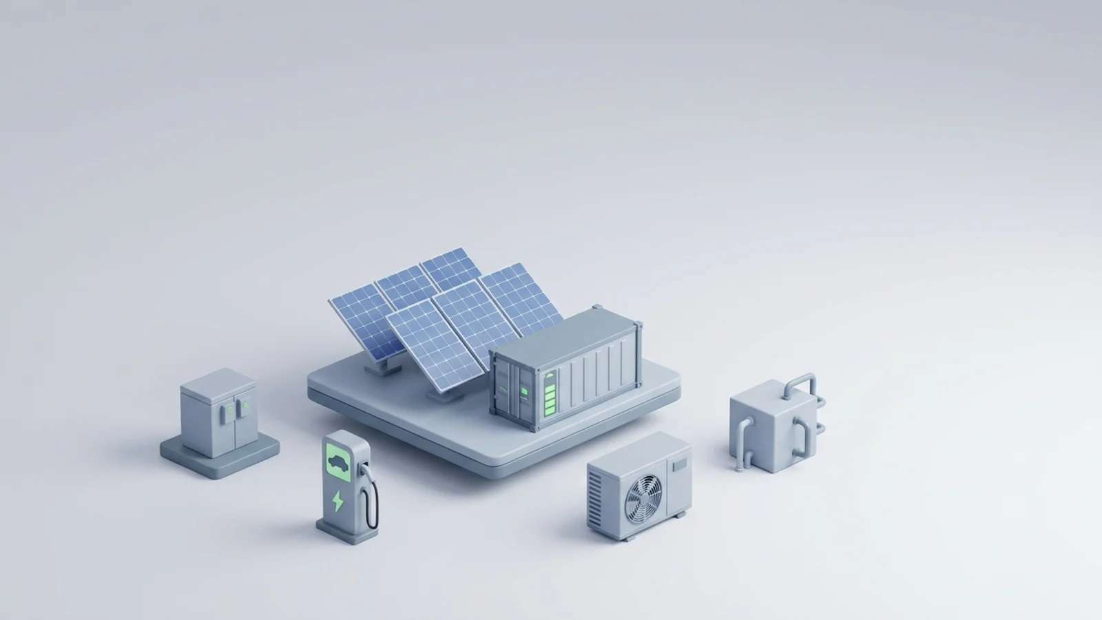 Isometric 3D illustration of solar array and battery container with substation and EV charger station