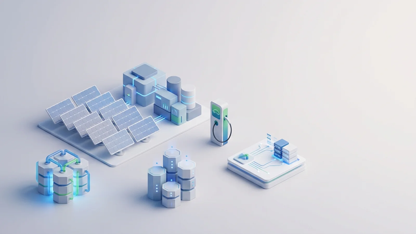 Isometric 3D illustration of solar array and substation with EV charger station and electrolyzer block