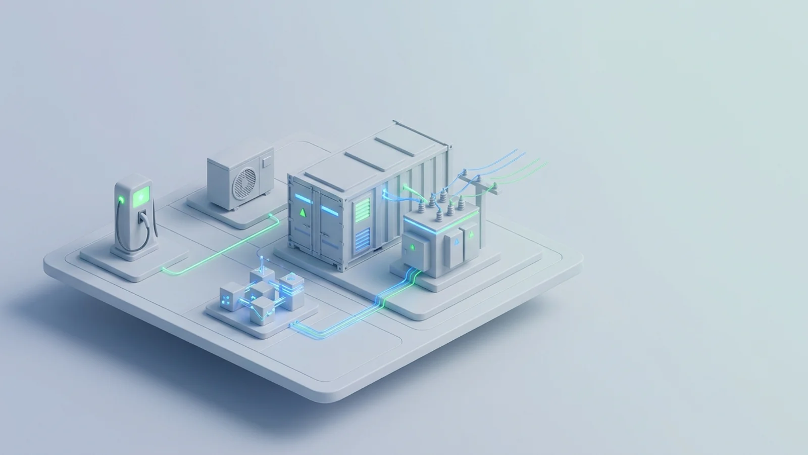 Isometric 3D illustration of battery container and substation with EV charger station and heat pump unit
