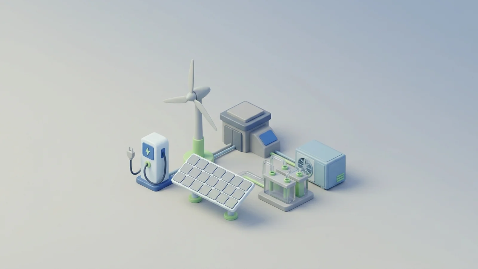 Isometric 3D illustration of solar array and wind turbine with substation and EV charger station