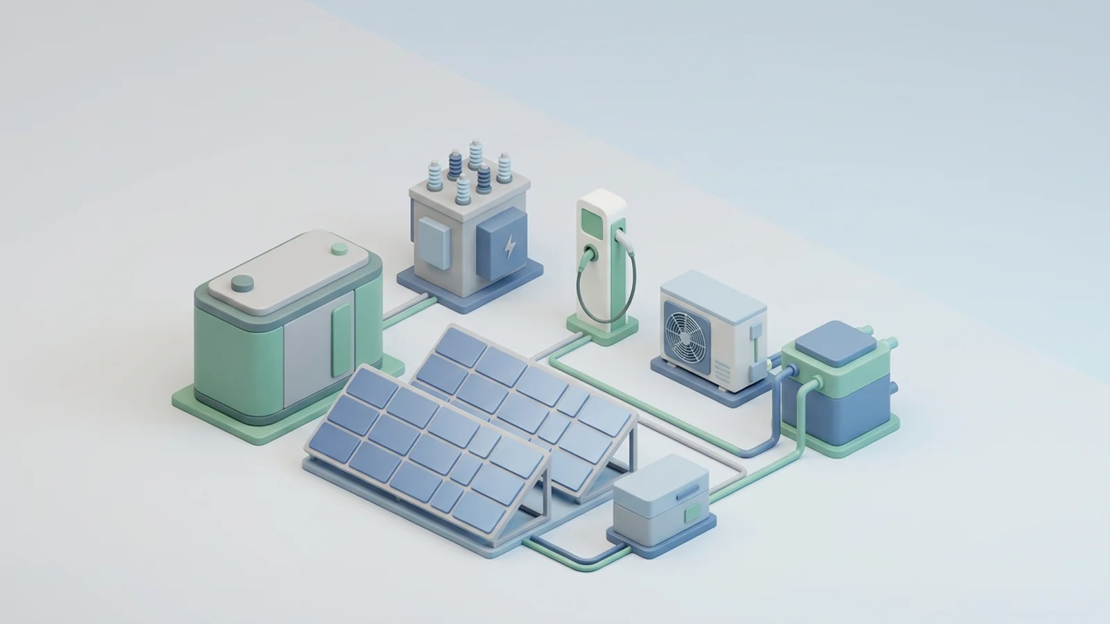 Isometric 3D illustration of solar array and battery container with substation and EV charger station