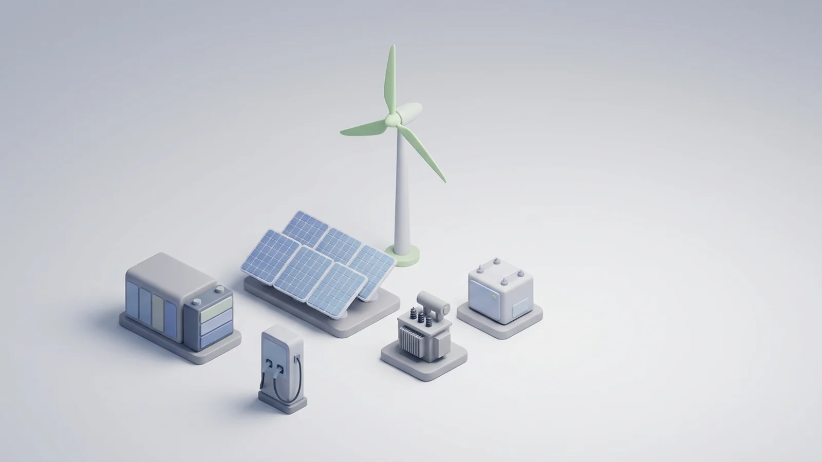 Isometric 3D illustration of solar array and wind turbine with battery container and substation