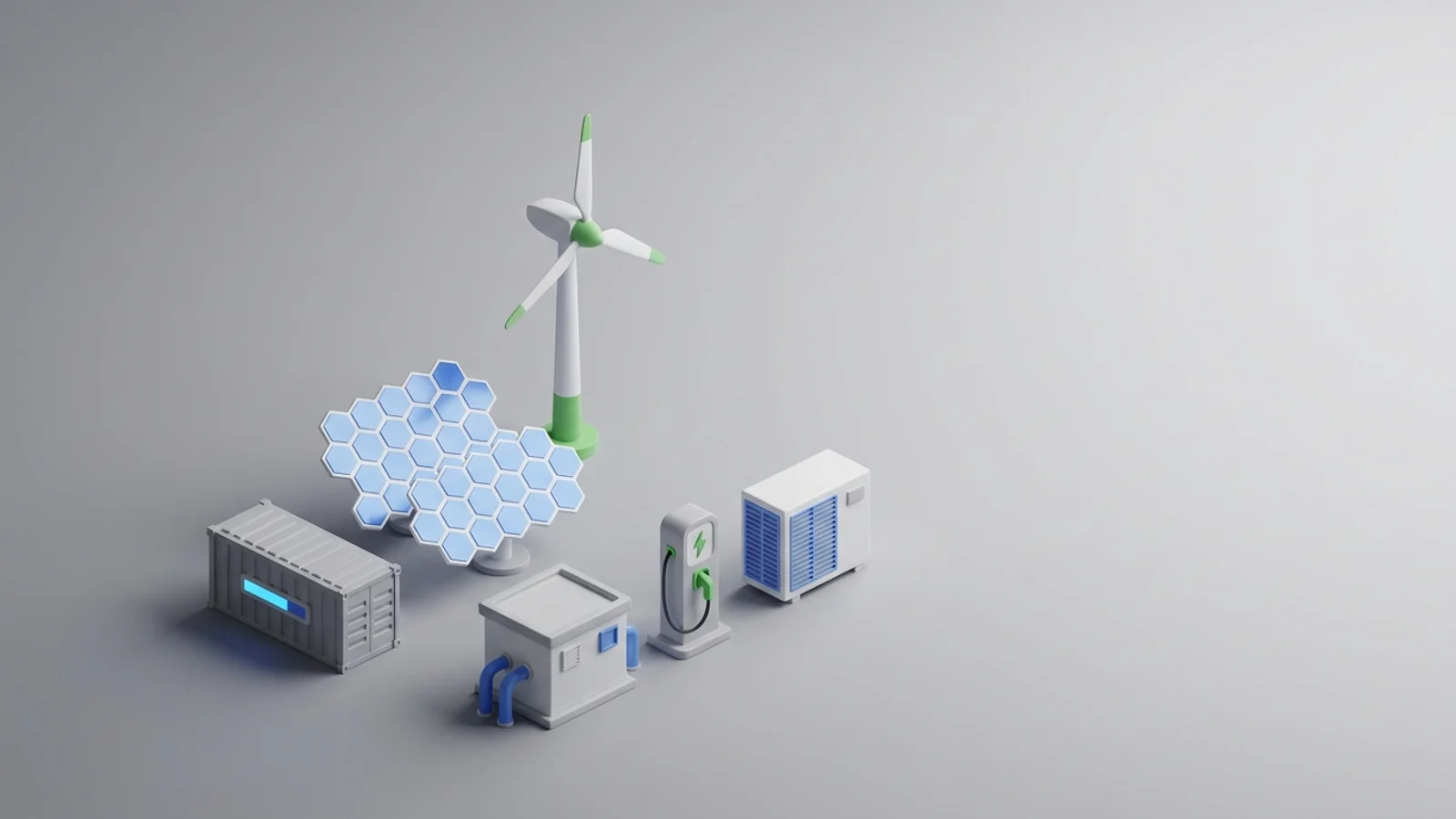 Isometric 3D illustration of solar array and wind turbine with battery container and substation