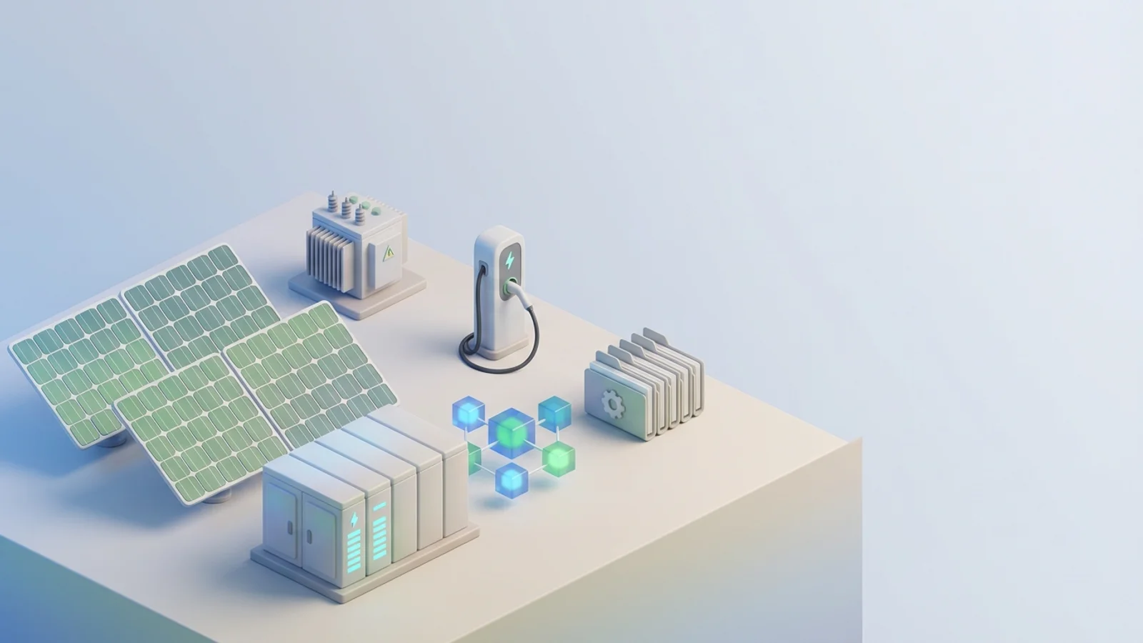 Isometric 3D illustration of solar array and battery container with substation and EV charger station