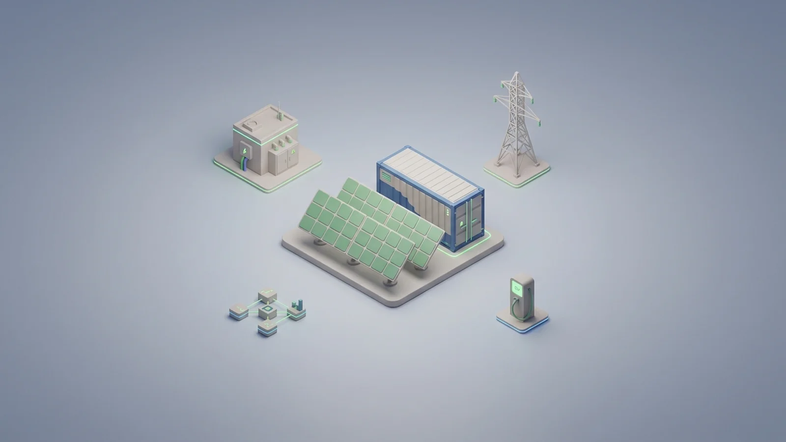 Isometric 3D illustration of solar array and battery container with substation and transmission tower