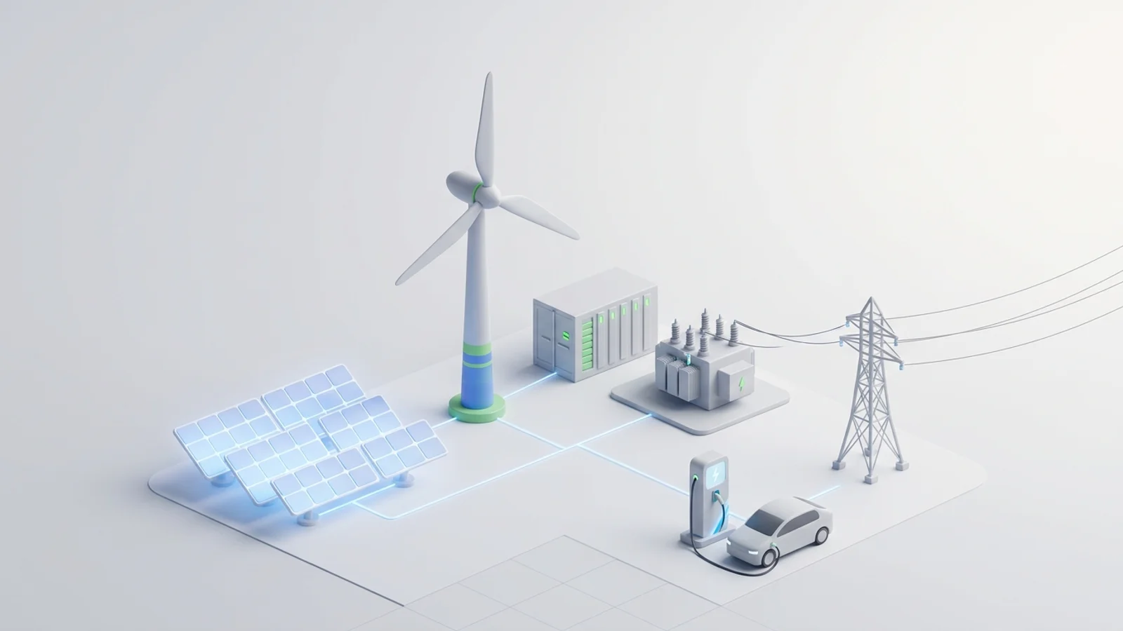 Isometric 3D illustration of solar array and wind turbine with battery container and substation