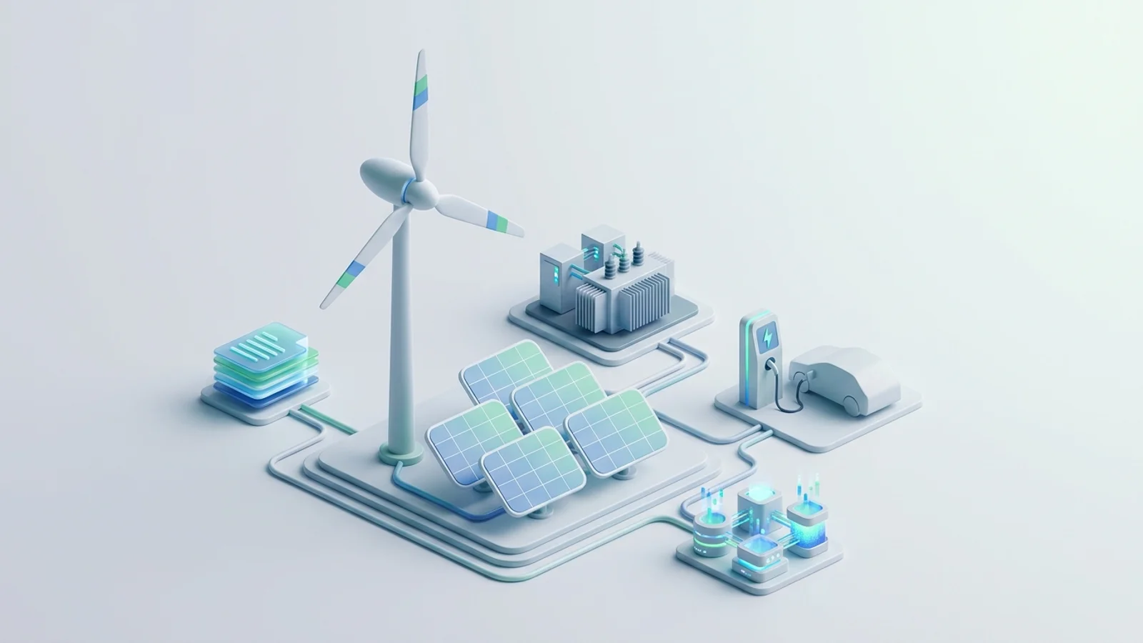 Isometric 3D illustration of solar array and wind turbine with substation and EV charger station