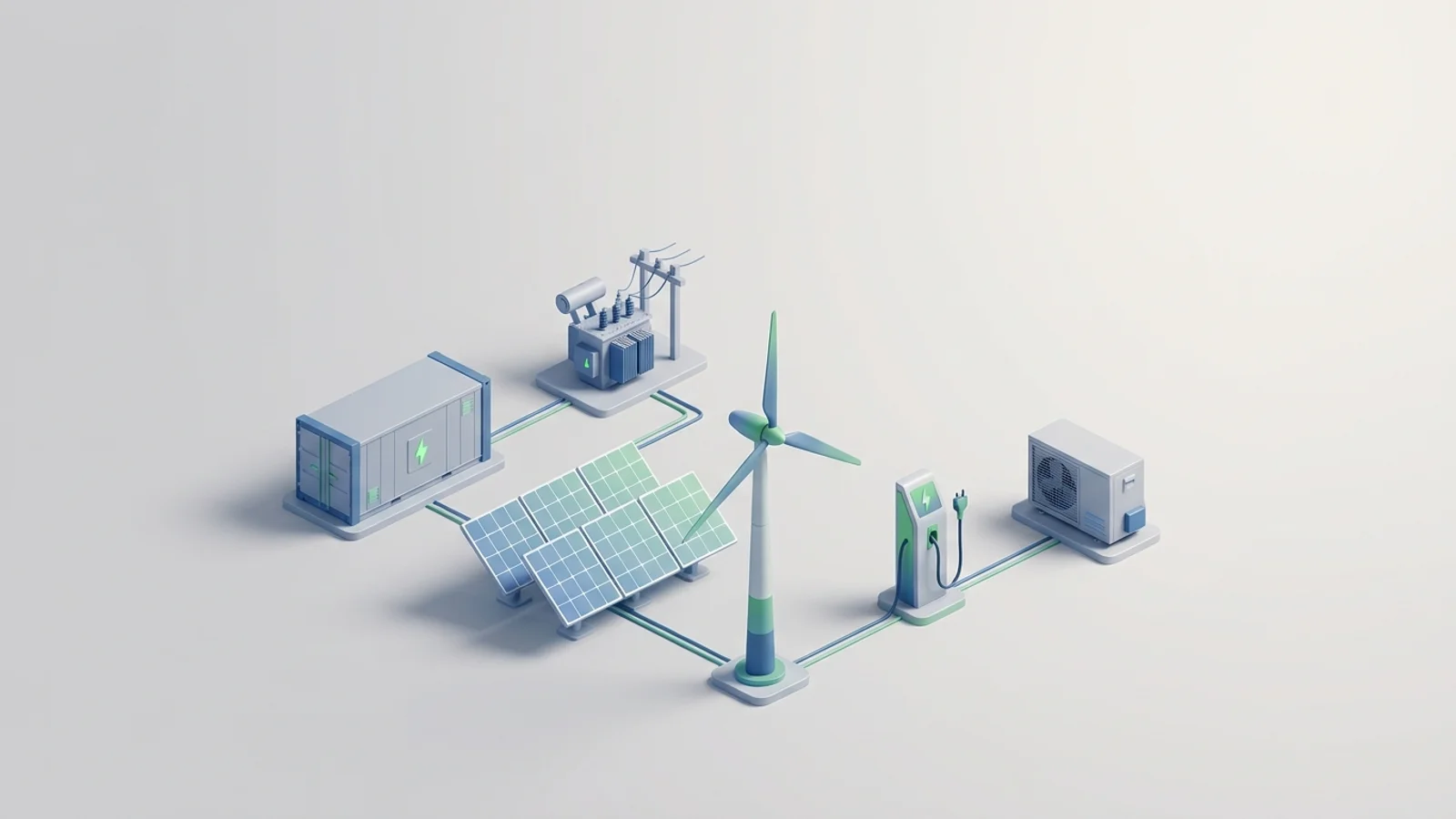 Isometric 3D illustration of solar array and wind turbine with battery container and substation
