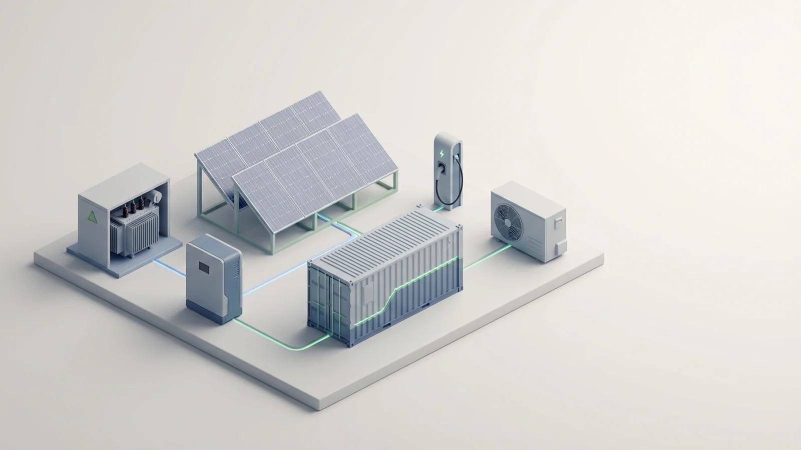 Isometric 3D illustration of solar array and battery container with substation and inverter cabinet