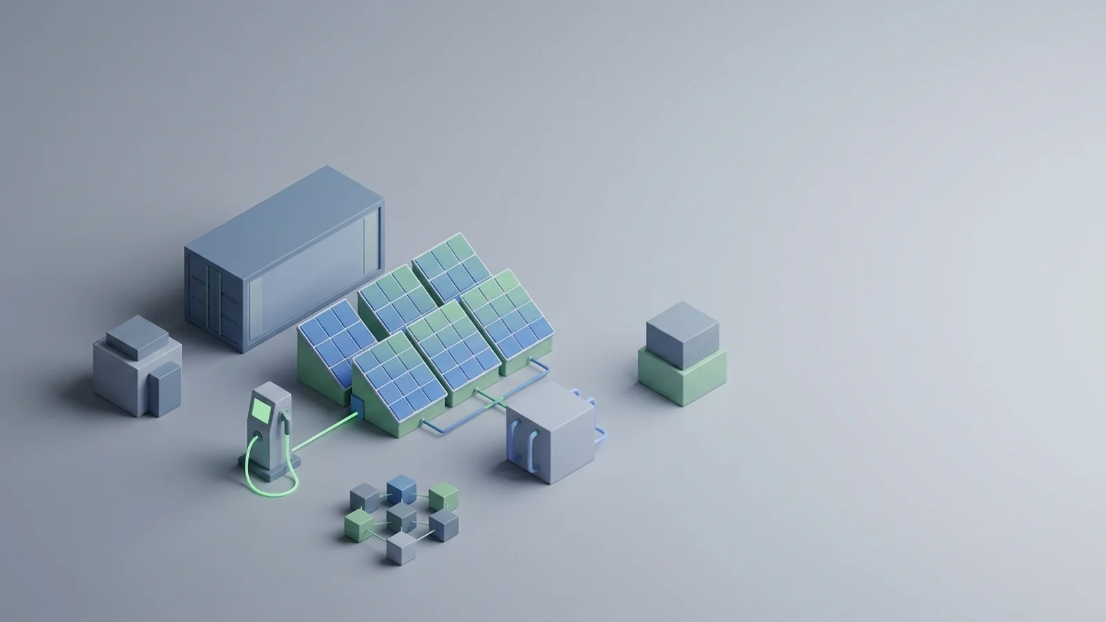 Isometric 3D illustration of solar array and battery container with substation and EV charger station