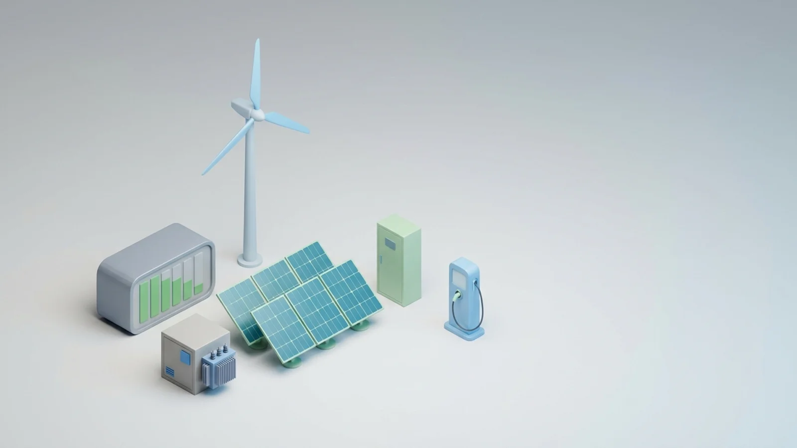 Isometric 3D illustration of solar array and wind turbine with battery container and substation