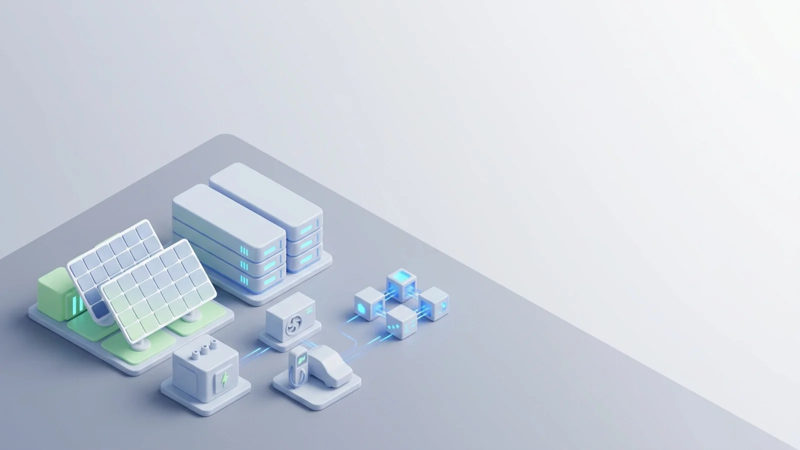 Isometric 3D illustration of solar array and battery container with substation and EV charger station